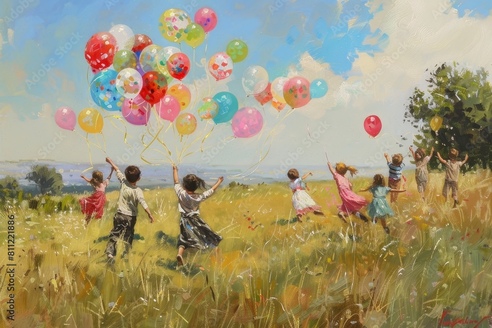 Poster group of children joyfully playing and running around in a field filled with colorful balloons, a gr