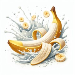 milk splash with fresh bananas isolated white background
