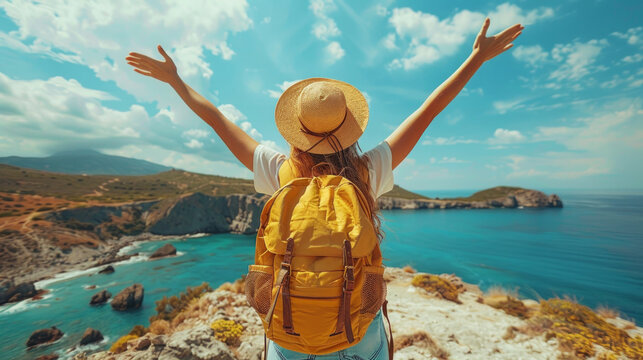 Joyful Female Traveler with Backpack Celebrating Freedom at Picturesque Coastal Cliff