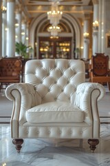 Obraz premium A white chair sitting in a large room with many chairs, AI