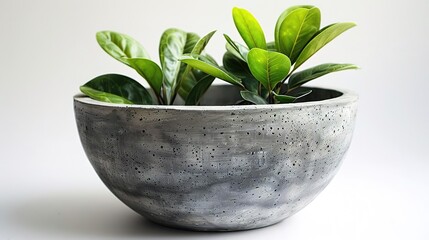 A large, round, gray concrete planter with two green plants in it. The planter is sitting on a...