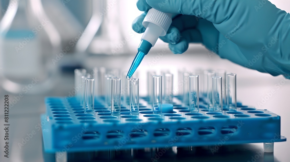 Poster scientist using pipette for research in laboratory. close-up of hands and test tubes. detail shot of
