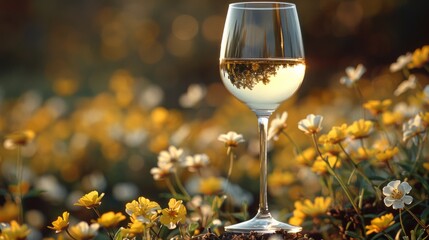 A glass of wine in a field with flowers and trees, AI