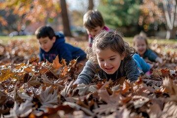 Group of children joyfully playing and jumping in a large pile of fallen leaves on the ground, A group of children playing in a pile of fallen leaves, enjoying the simple joys of the season