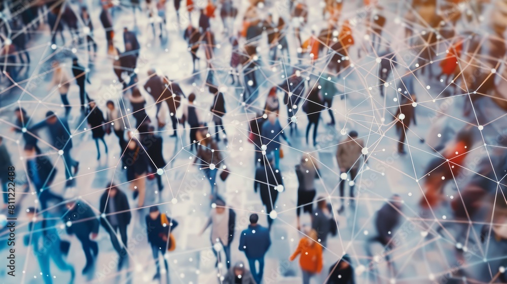 Poster view of a crowd with a network of connections. big data, smart city, wifi concept. hyper realistic