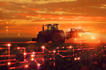 Fototapeta premium Tractor spraying or harvesting agricultural crops at sunset There is infographic information overlaid on the image.