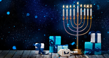 Jewish Hanukkah Menorah 9 Branch Candlestick, dreidel, gift boxes. Holiday Candle Holder, dreidl....