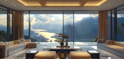 Fototapeta premium A wealthy asian style living room with a view of the mountains. Generative AI.