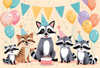 a picture of a birthday party with raccoons and a birthday cake