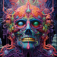 a close up of a painting of a skull with a lot of colorful designs