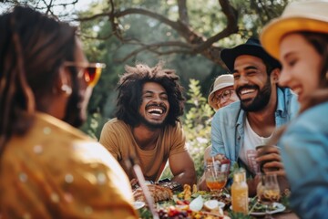 A diverse group of friends laughing and enjoying food around a table, A group of diverse friends laughing together at a picnic