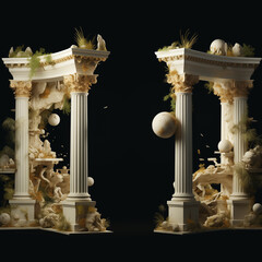 there are two white pillars with sculptures on them and a ball