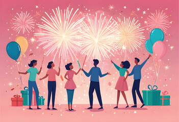 a vector illustration of people celebrating birthday event with fireworks in the background