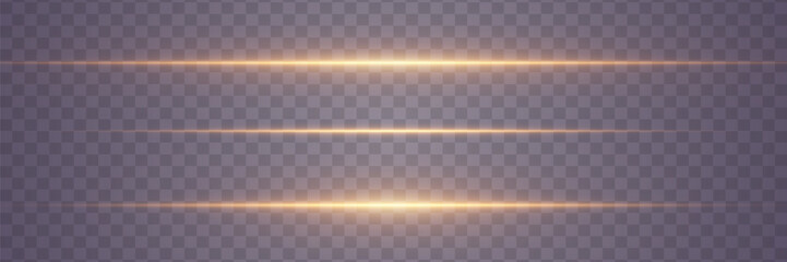 Golden horizontal highlights. Laser beams of light. Glowing lines effect. On a transparent background.	