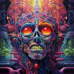 brightly colored painting of a skull with a brain and a lot of wires