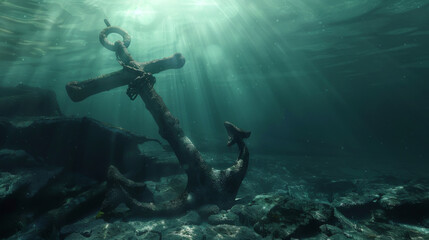 A rusty anchor is sitting on the sand at the bottom of the ocean. The sunlight is shining on it, making it look like a piece of art