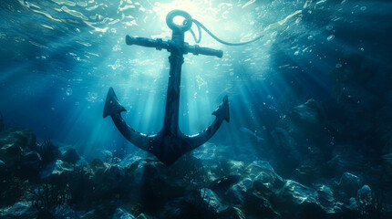 A rusty anchor is sitting on the sand at the bottom of the ocean. The sunlight is shining on it, making it look like a piece of art