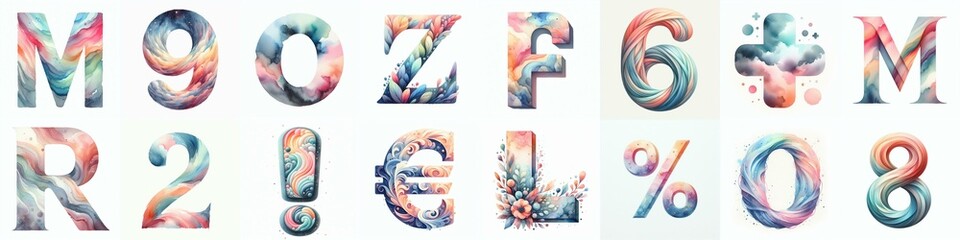 Watercolor pastel Lettering Typeface. AI generated illustration