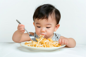 Against a pristine white background, a rich Asian toddler indulges in a plate of fried noodles, using a fork to savor each delicious bite, showcasing the sophistication and culinar