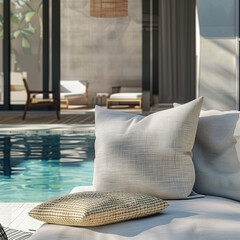 pillows on a couch near a pool with a chair in the background