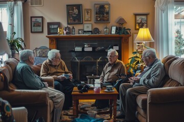 Elderly individuals sitting together in a living room, engaged in conversation and storytelling, A group of elderly individuals sharing stories in a cozy living room setting