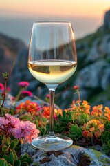 A glass of a wine is sitting on top of some rocks, AI
