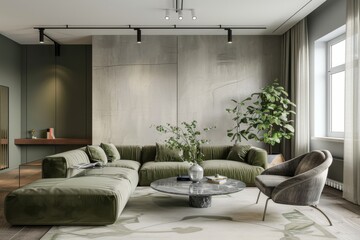 Modern Living Room Interior with Elegant Green Sofa and Concrete Wall