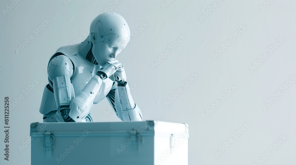 Poster contemplative ai robot pondering future tech advances. minimalistic style photo ideal for conceptual
