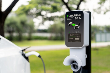 EV electric vehicle recharging battery from EV charging station in outdoor green city park scenic....