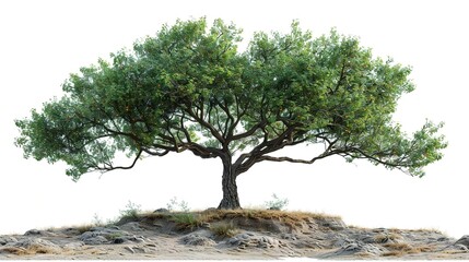 Photorealistic 3D render of an old gnarled olive tree on a rocky hilltop