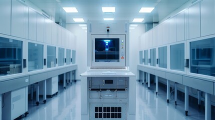 A standing machine in the semiconductor industry in a clean room, view in front of the machine. Generative AI.