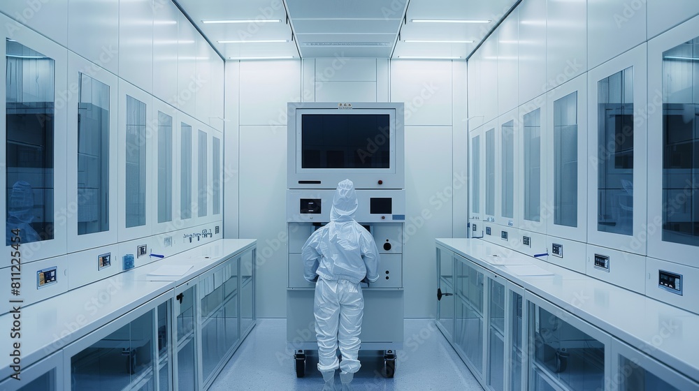 Aufkleber a standing machine in the semiconductor industry in a clean room, view in front of the machine. gene