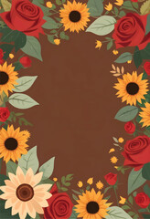 Fototapeta premium a frame of sunflowers and rose flowers with leaves