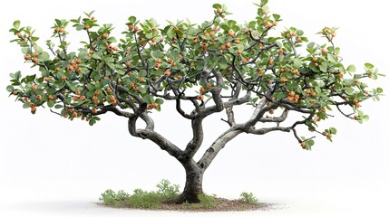 Photo of a highly detailed realistic orange tree with green leaves and tiny orange fruits. The tree is in focus and isolated on a white background.