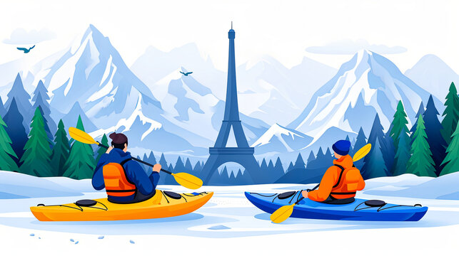 kayakers paddling near eiffel tower in winter clip art preview
