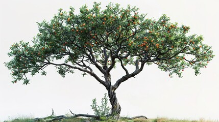 Photorealistic render of an old gnarled apple tree with a few apples hanging from its branches against a white background.