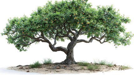 Photorealistic render of an apricot tree in full bloom with a gnarled trunk and branches. The tree is set against a transparent background.