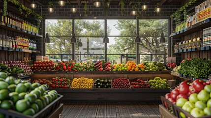 Capture the vibrant atmosphere of a bustling Grocery Store managed by an enterprising Entrepreneur, providing fresh produce and community connection