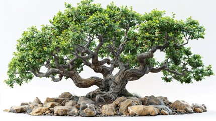 Photo of a bonsai tree with a gnarled trunk and lush green leaves, set against a white background