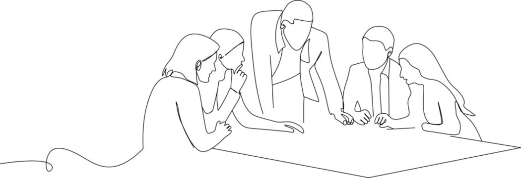 Illustration of business people working together in the office. One line art style