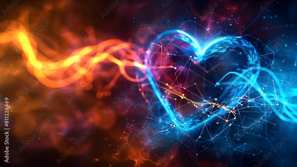 Poster visualize health data exchange network with blue and yellow virtual heart. concept health data excha