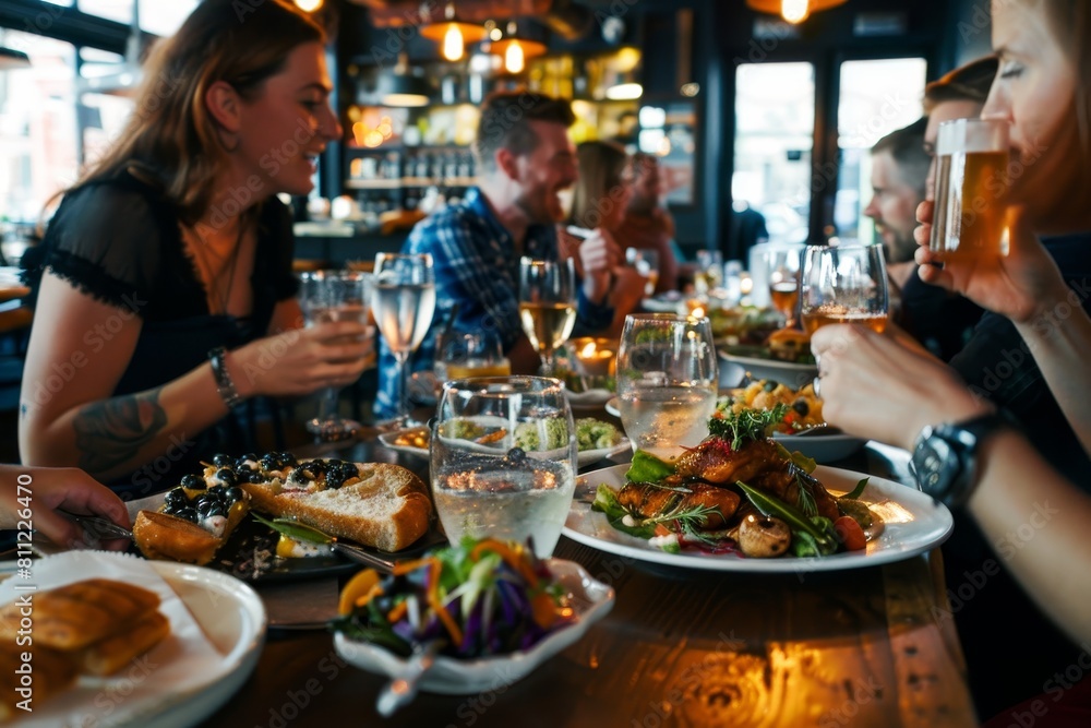 Wall mural A group of people sitting around a table, enjoying a meal together with plates of food, A group of friends enjoying a meal together at a restaurant