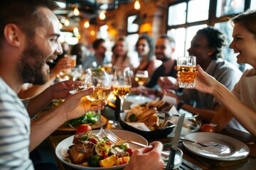 Group of people enjoying a meal together at a restaurant, sitting around a table filled with food and drinks, A group of friends enjoying a meal together at a restaurant
