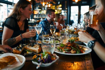 A group of people sitting around a table, enjoying a meal together with plates of food, A group of friends enjoying a meal together at a restaurant