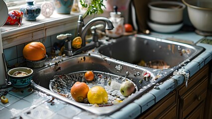 Messy kitchen sink symbolizing clutter or hoarding. Concept Messy Kitchen Sink, Clutter, Hoarding Behaviors