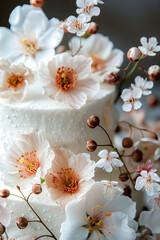 Close up white creamy delicious wedding cake with fresh spring flowers roses, Festive dessert with floral decor