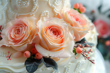 Macro close up white creamy delicious wedding cake with fresh spring flowers roses, Festive dessert with floral decor