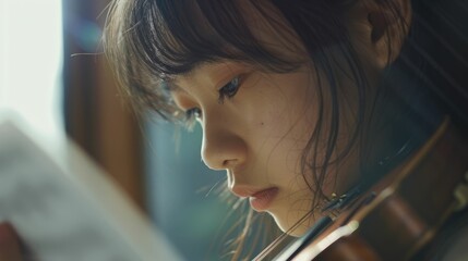 The close up picture of the young east asian girl is practicing the violin in rehearsal room to become violinist, the violinist require skill practice, technique, music knowledge, music theory. AIG43.