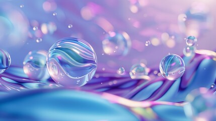 ethereal landscape of floating bubbles with vibrant blue and purple reflections in a dreamy setting