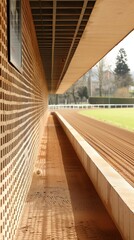 sunlit corridor with geometric patterns casting shadows on the racecourse track in serene setting